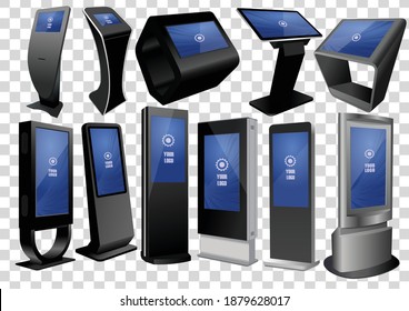Set of Promotional Interactive Information Kiosks, Advertising Displays, Terminal Stands, Touch Screen Displays isolated on transparent background. Mock Up Template