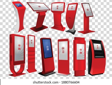 Set of Promotional Interactive Information Kiosks, Advertising Displays, Terminal Stands, Touch Screen Displays isolated on transparent background. Mock Up Template