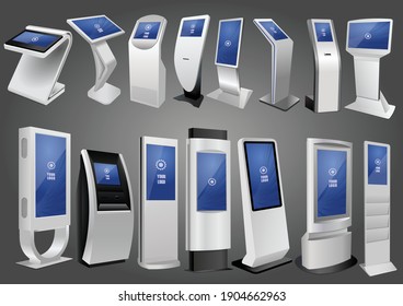 Set of Promotional Interactive Information Kiosks, Advertising Displays, Terminal Stands, Touch Screen Displays. Mock Up Template