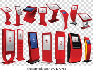 Set of Promotional Interactive Information Kiosks, Advertising Displays, Terminal Stands, Touch Screen Displays isolated on transparent background. Mock Up Template