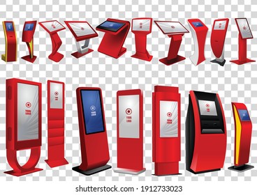 Set of Promotional Interactive Information Kiosks, Advertising Displays, Terminal Stands, Touch Screen Displays isolated on transparent background. Mock Up Template