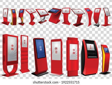 Set of Promotional Interactive Information Kiosks, Advertising Displays, Terminal Stands, Touch Screen Displays isolated on transparent background. Mock Up Template