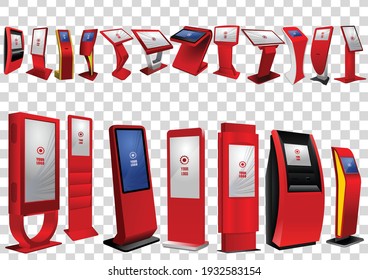 Set of Promotional Interactive Information Kiosks, Advertising Displays, Terminal Stands, Touch Screen Displays isolated on transparent background. Mock Up Template