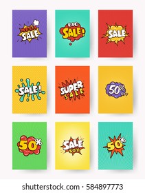 Set of promotional labels with lettering: sale, 50% discount. pop art, comic style vector illustration. Collection advertising banner, flyer, card.