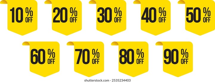 Set of promotional labels. Sale stickers, price discounts, 10% to 90% off, transparent background