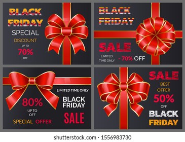 Set of promotional posters for black friday discounts announcement. 50 and 80 percent off price. Reduction in cost for shoppers in store and markets. Decorative ribbon bow on banners. Vector in flat