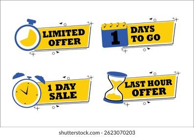 Set of promotional sale banners with stopwatch, hourglass, and calendar icons. Vector design for limited time offers, countdown deals, flash sales, and marketing campaigns.