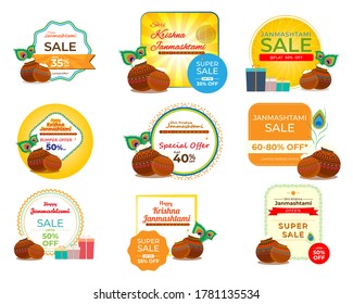 set of promotional sticker, concept of festive background for Indian festival janmashtami with text mean janamashtami, vector illustration ,festive offer banner , flyer, greeting