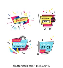 Set promotional stickers, banners, discount labels. Best price, special price, discount off 50 percent, season mega offer, shopping, promotion. Special offers, mega promo. Flat trendy geometric style.