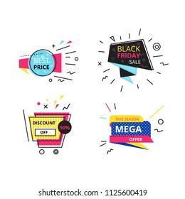 Set promotional stickers, discount labels. Best price, black friday sale, discount off 50 percent, season mega offer, shopping and promotions. Special offers, mega promo. Flat trendy geometric style.