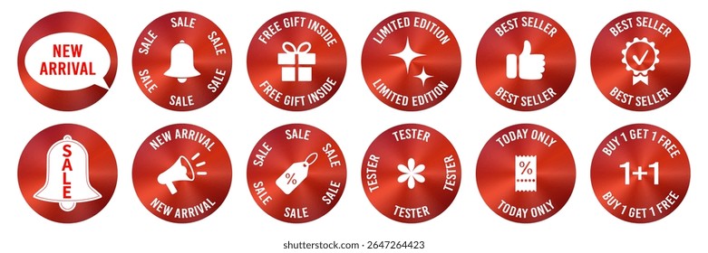 Set of promotional stickers to highlight sales, new arrivals and special offers. These labels are great for packaging, market promos and ecommerce platforms. Limited edition, best seller, tester