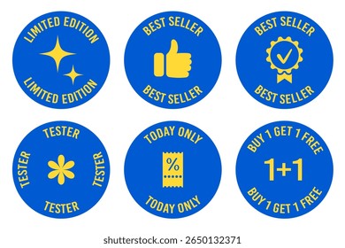 Set of promotional stickers to highlight sales. These labels are great for packaging, market promos and ecommerce platforms. Limited edition, best seller, tester. Blue and yellow stickers