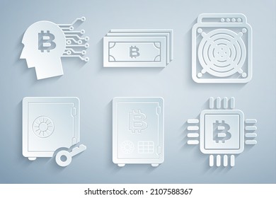 Set Proof of stake, ASIC Miner, , CPU mining farm, Cryptocurrency bitcoin and Bitcoin think icon. Vector