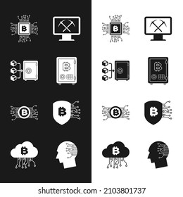 Set Proof of stake, , CPU mining farm, Mining with monitor and pickaxe, Cryptocurrency bitcoin circuit and Shield icon. Vector