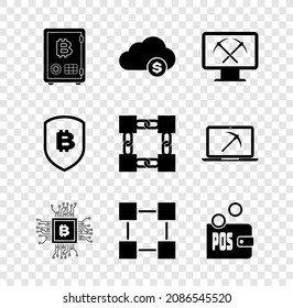 Set Proof of stake, Cryptocurrency cloud mining, Mining with monitor and pickaxe, CPU farm, Blockchain technology and  icon. Vector