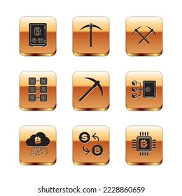 Set Proof of stake, Cryptocurrency cloud mining, exchange, Pickaxe, Mining farm and Crossed pickaxe icon. Vector