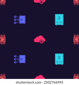 Set Proof of stake, , Cryptocurrency cloud mining and bitcoin with circuit on seamless pattern. Vector