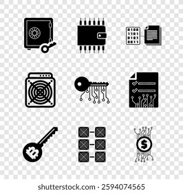 Set Proof of stake, Cryptocurrency wallet, Smart contract, key, Mining farm and bitcoin circuit icon. Vector