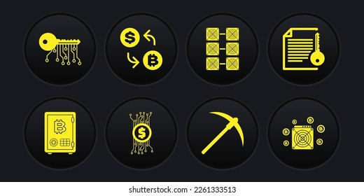 Set Proof of stake, Smart contract, Cryptocurrency bitcoin in circuit, Pickaxe, Mining farm and exchange icon. Vector