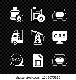 Set Propane gas tank, Canister for motor oil, Spare wheel in the car, Location and station, Gas vehicle,  and Oil pump pump jack icon. Vector