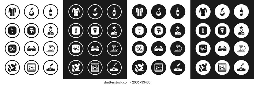 Set Propane Gas Tank, Funnel Or Filter, Pipette, Laboratory Uniform, Assistant, Plant Breeding, Microscope And Medicine Pill Tablet Icon. Vector