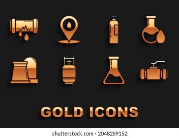 Set Propane gas tank, Industry metallic pipes and valve, Test flask, industrial factory building, Industrial cylinder, Broken with leaking water and Refill fuel location icon. Vector