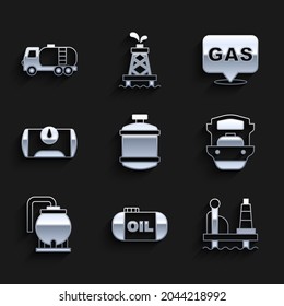 Set Propane Gas Tank, Oil Storage, Platform In The Sea, Tanker Ship, Gas Vehicle, Location And Station And Tanker Truck Icon. Vector