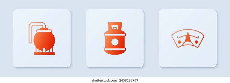 Set Propane gas tank, Oil storage and Motor gauge. White square button. Vector