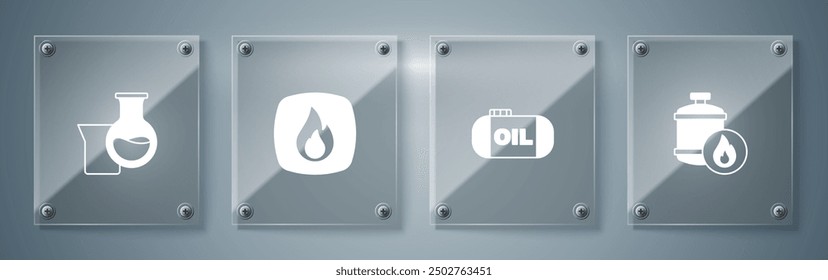 Set Propane gas tank, Oil storage, Fire flame and petrol test tube. Square glass panels. Vector