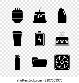 Set Propan-Tank, Pudding-Schrank, Chemikalienflasche für den Haushalt, Lighter, Ordner und Computer-Kühler Symbol. Vektorgrafik