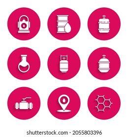 Set Propane gas tank, Refill petrol fuel location, Chemical formula consisting of benzene rings, Industry metallic pipes and valve, Test tube flask,  and Petrol Gas station icon. Vector