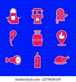 Set Propane gas tank, Sauce bottle, Roasted turkey or chicken, Location with fire flame, Chicken leg, Rib eye steak, Oven glove and Kitchen apron icon. Vector