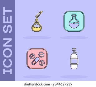 Ajuste el depósito de gas Propano, el tubo de ensayo y el matraz, la píldora o el comprimido y el icono. Vector