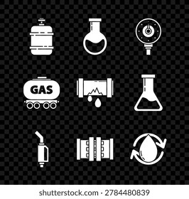 Set Propane gas tank, Test tube and flask, Motor gauge, Gasoline pump nozzle, Industry metallic pipes valve, Oil drop, railway cistern and Broken with leaking water icon. Vector