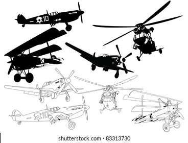 Set propeller aircraft and helicopters silhouette