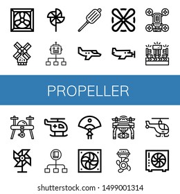 Set of propeller icons such as Cooling system, Windmill, Pinwheel, Flow, Air blower, Small plane, Fan, Drone, Fans, Helicopter, Boat engine , propeller