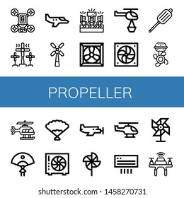 Set of propeller icons such as Drone, Windmill, Small plane, Fans, Cooling system, Helicopter, Fan, Air blower, Boat engine, Pinwheel, Air conditioning , propeller