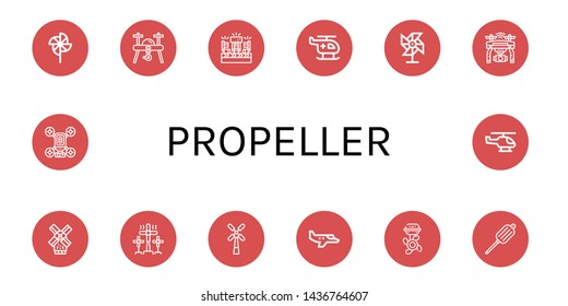 Set of propeller icons such as Pinwheel, Drone, Fans, Helicopter, Windmill, Small plane, Boat engine, Air blower , propeller