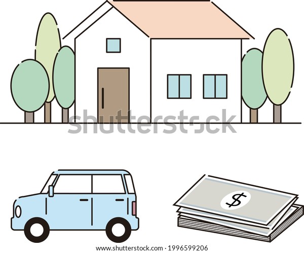 A\
set of properties (house, car and money (dollar\
bills))