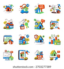 Conjunto de ícones de doodle de propriedade