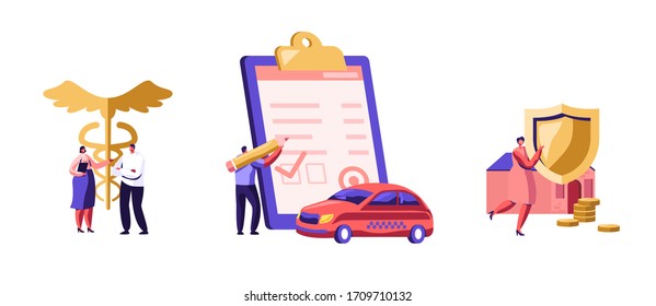 Set Property and Health Medical Insurance. Male Female Characters Sign Insurance Policy Paper, Document for Having Guarantee and Money. Car, Home, Life Protection. Cartoon People Vector Illustration