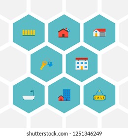 Set of property icons flat style symbols with office, key, sale sign and other icons for your web mobile app logo design.