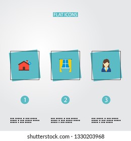 Set of property icons flat style symbols with broker, mortgage, window and other icons for your web mobile app logo design.