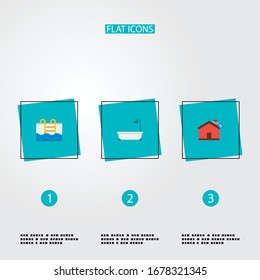Set of property icons flat style symbols with mortgage, pool, bathtub and other icons for your web mobile app logo design.