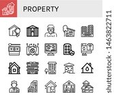 Set of property icons such as Home, House, Town hall, Security agent, Cottage, Building, Insurance, House on fire, Second hand, Wooden house, Apartment, Real estate , property