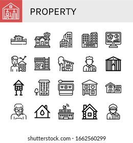 Set Of Property Icons. Such As Home Office, Flood, Insurance, Condominium, Building, Home, Estate Agent, House, Cottage, Real Estate, Town Hall, Wooden House , Property Icons