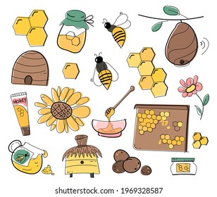 A set of propolis and honey. Honeycombs bee hives and honey products. Vector illustration isolated on white background.