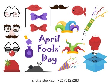 Set of props for April Fools' Day. Festive elements isolated on white background. Vector illustration