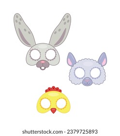 Set of props for Easter. Animals face masks pack. International religious holiday. Carnival and masquerade. Graphic element for website. Cartoon flat vector collection isolated on white background
