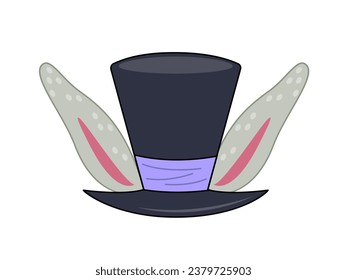 Set of props for Easter. Black hat with bunny ears. International religious holiday. Sticker for social networks and messengers. Cartoon flat vector collection isolated on white background